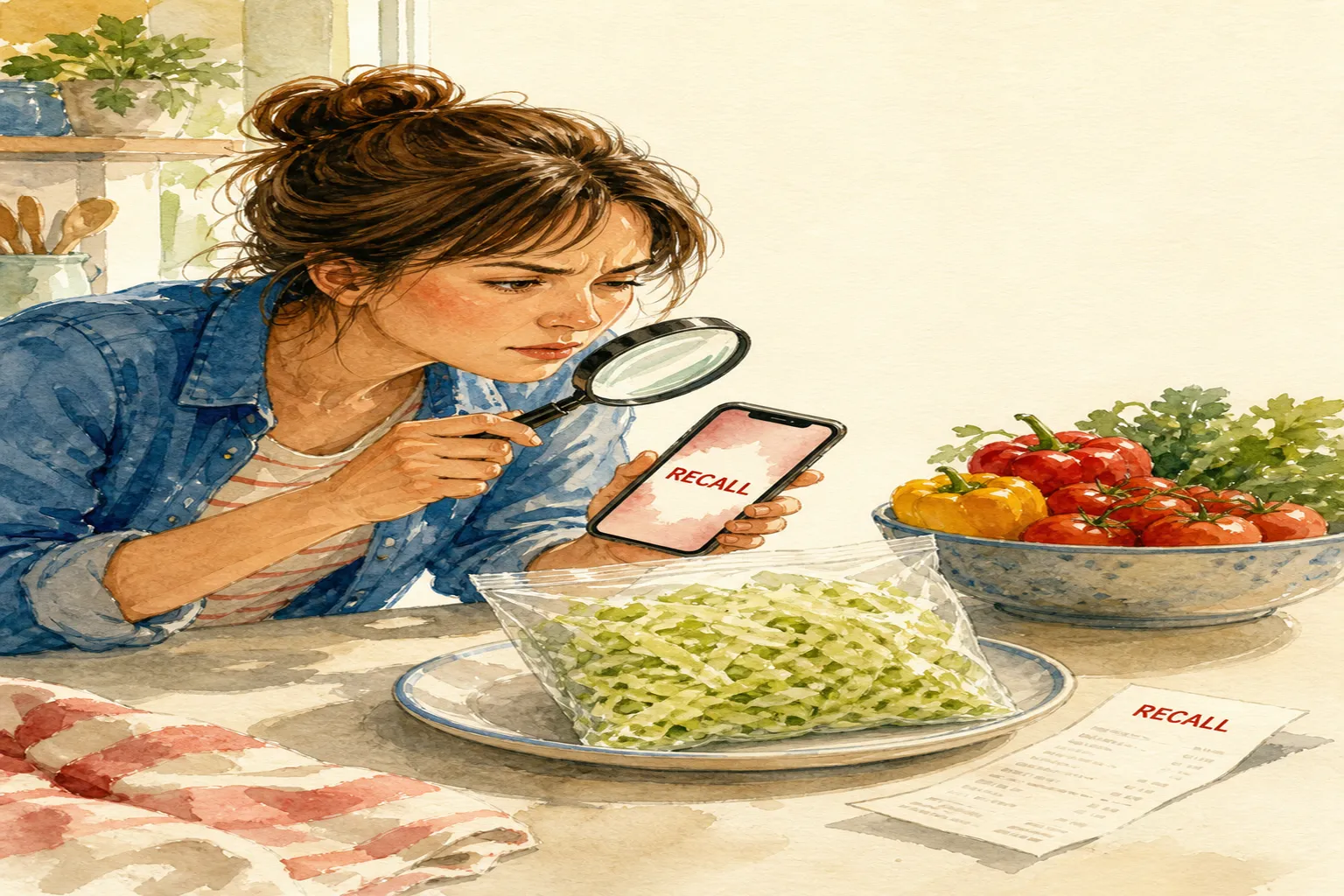 Checking bagged lettuce against a recall notice on a phone — watercolor illustration