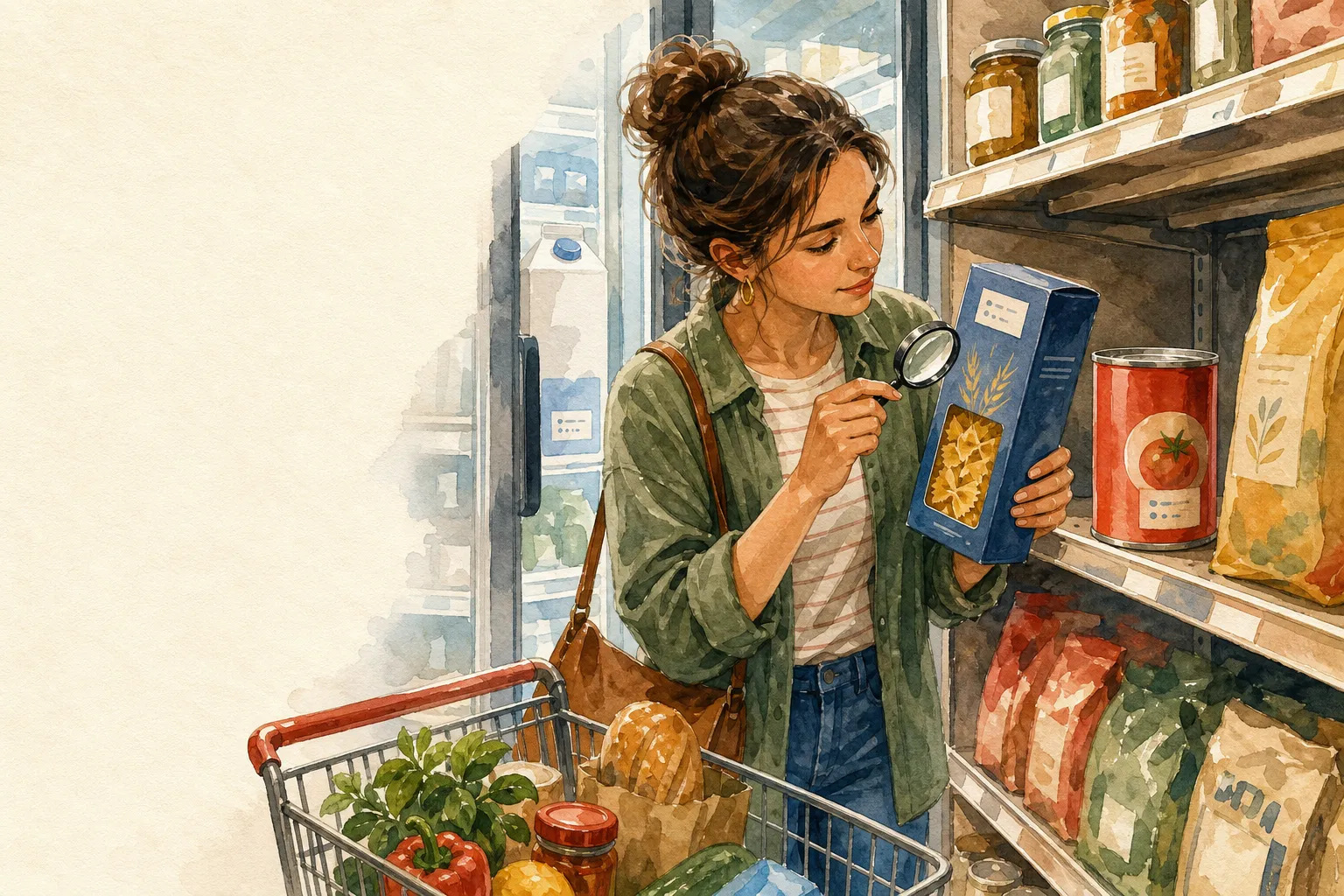 Reading date labels on cartons in a grocery aisle — watercolor illustration