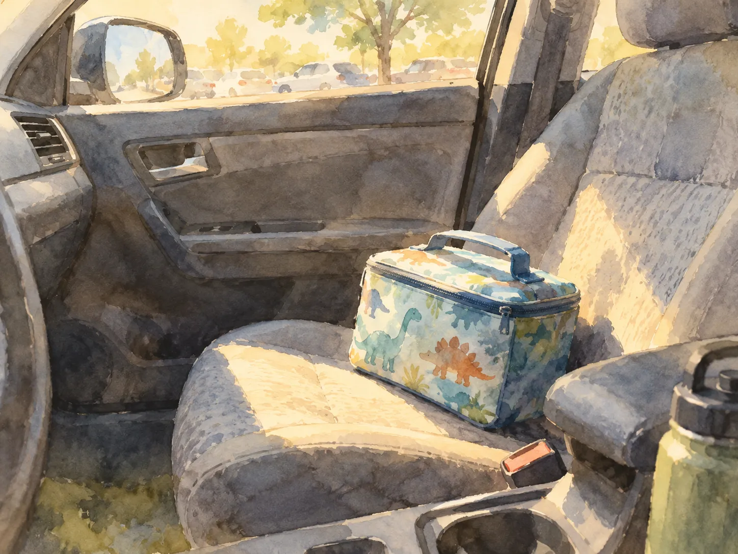 A lunchbox left in the front seat of a car