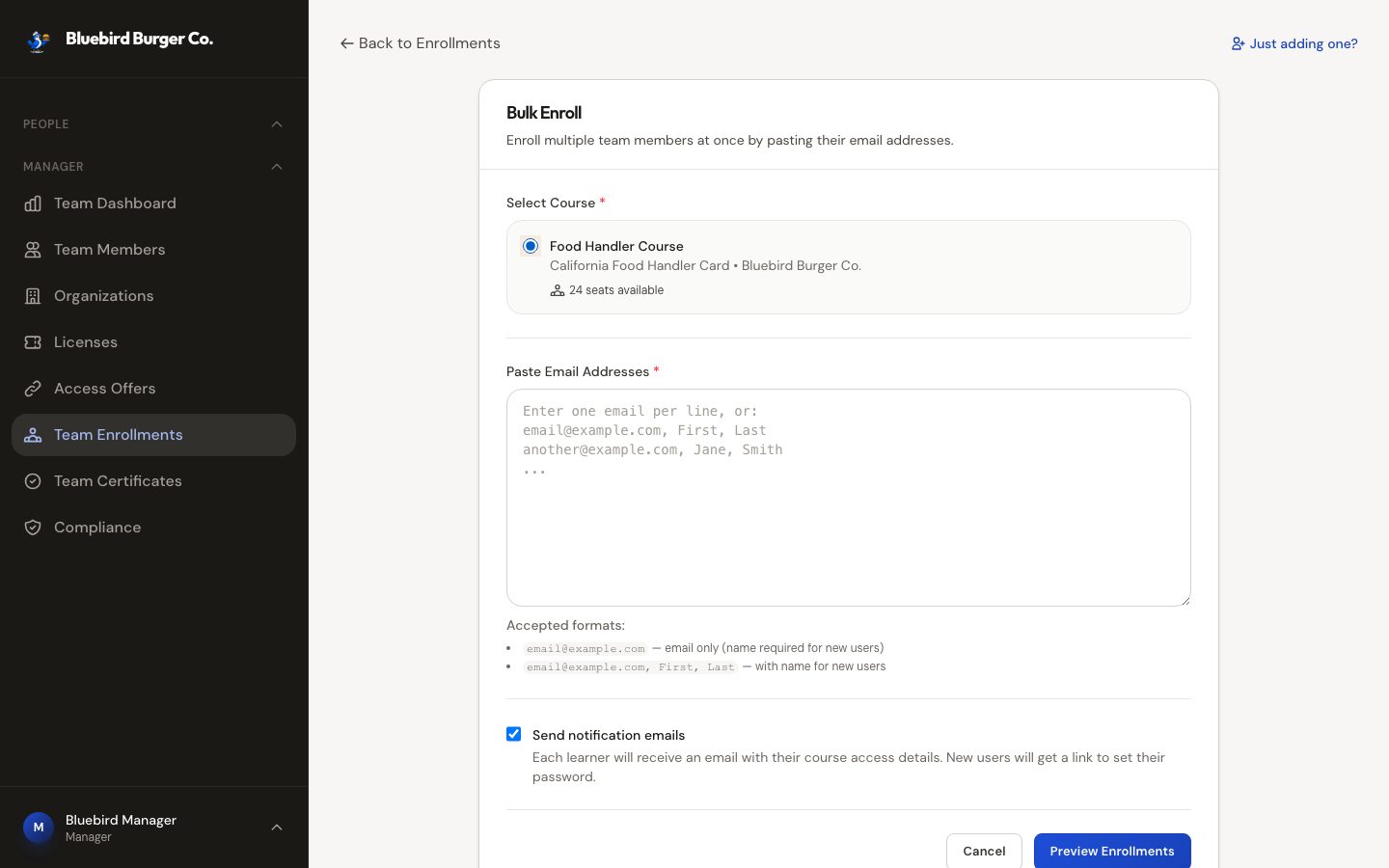 Bulk enrollment: paste a list of emails, preview who will be enrolled, then allocate seats in one step