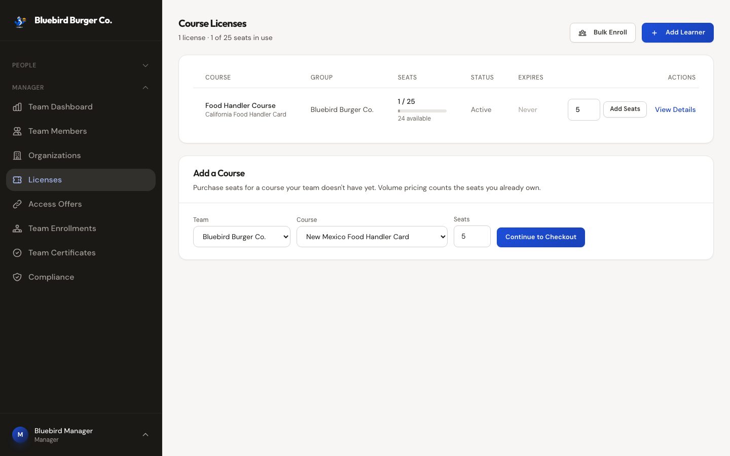 Course licenses: seat totals, utilization bars, inline add-seats, and adding a new course at volume pricing