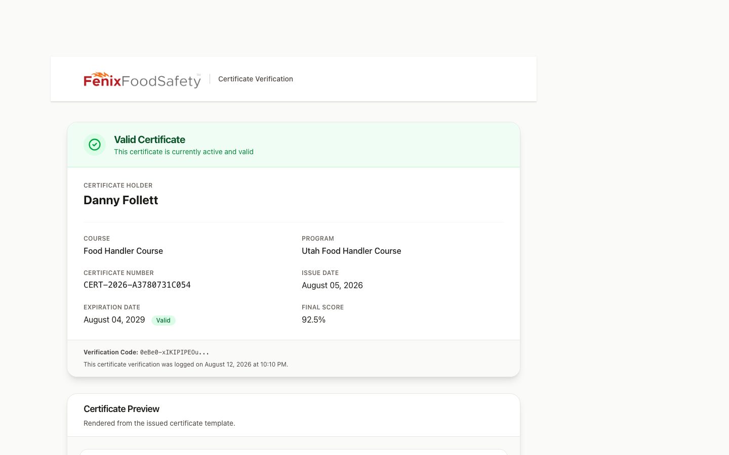 Public certificate verification page showing a valid certificate with holder, course, dates, and score
